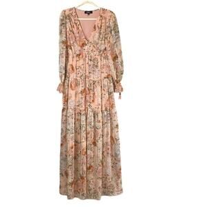 Aakaa "Days Gone By" women's peach floral v-neck maxi dress.
